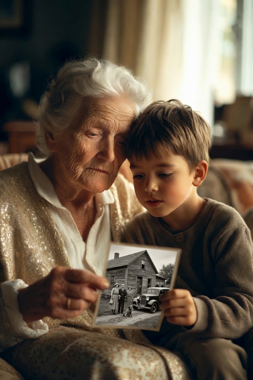 A grandmother and her grandson sitting close together, looking at an old family photograph she holds