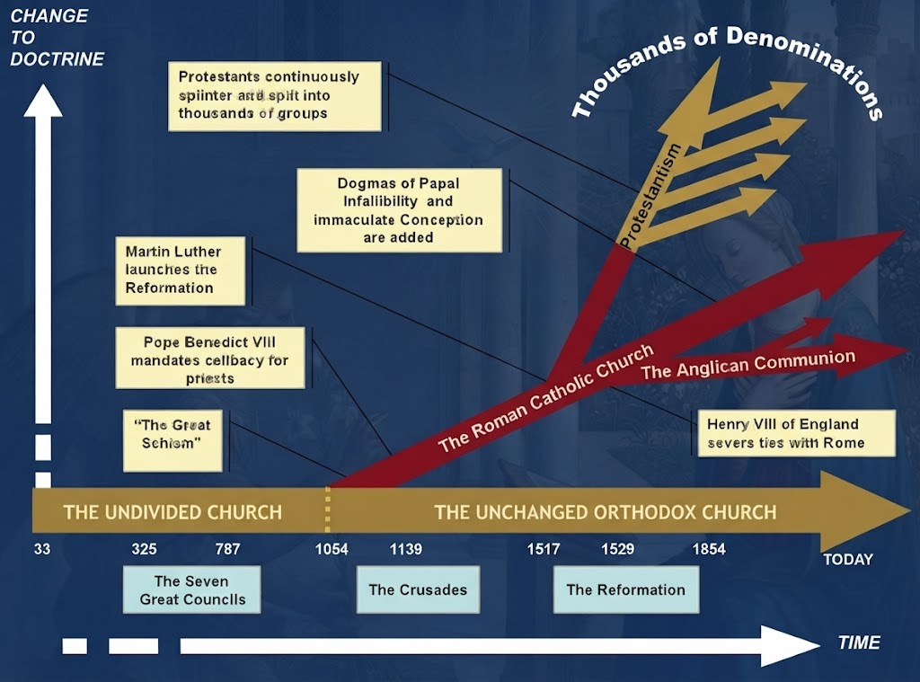 Timeline diagram contrasting the unchanged Orthodox Church, running straight from A.D. 33 to today, with the Western branches that broke away — the Roman Catholic Church at the Great Schism of 1054, the Anglican Communion, and Protestantism splintering into thousands of denominations.